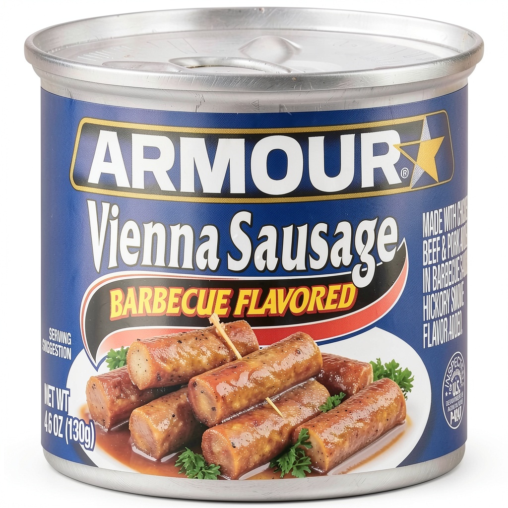 Armour Star Barbecue Vienna Sausage cans displayed on a kitchen counter